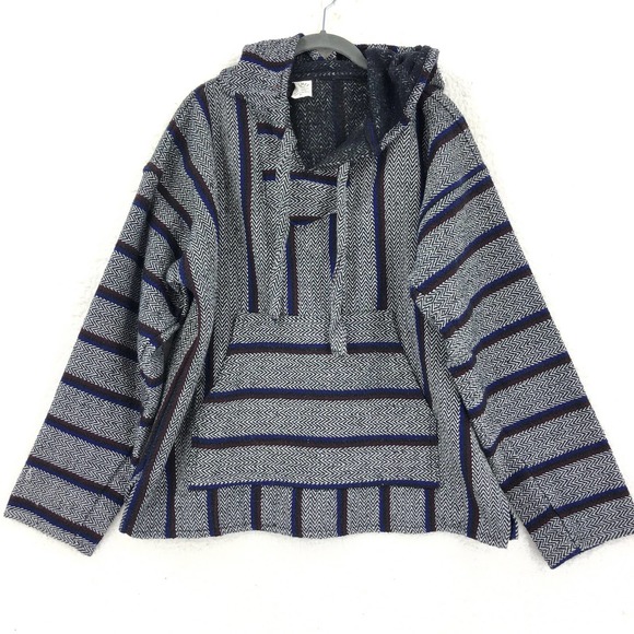 Del Mex Mens M Black Blue Red Striped Pullover Baja Hoodie Sweater Mexican Jerga - Picture 1 of 4